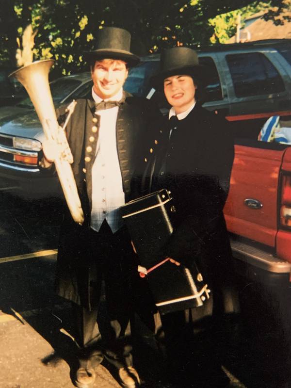 The Jaimie branch tours with the Dodworth Saxhorn Band, an Ann Arbor, Michigan-based ensemble that recreates 19th century marching band music in an undated photo with his brother Russ Branch (with saxhorn).
