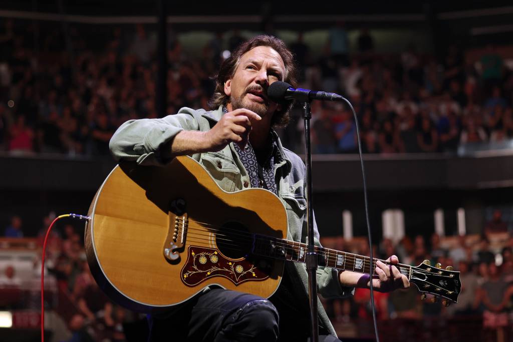 Pearl Jam's Eddie Vedder addresses the audience at his concert at United Center on September 5, 2023.