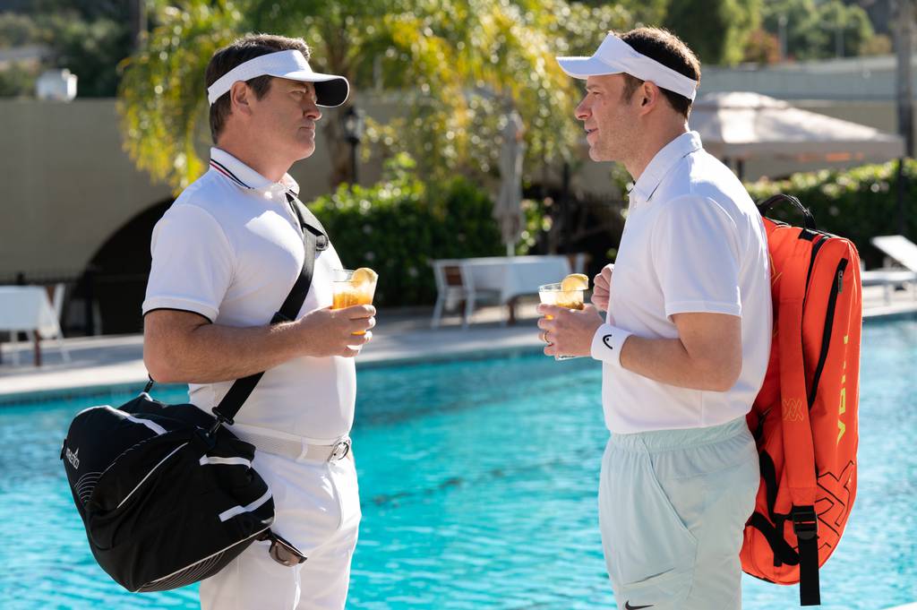 Hedge fund tycoons Ken Griffin (Nick Offerman) and Gabe Plotkin (Seth Rogen) in a scene "Stupid Money."