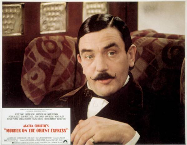 Albert Finney as Hercule Poirot "Murder on the Orient Express," With 1974 lobby card. 