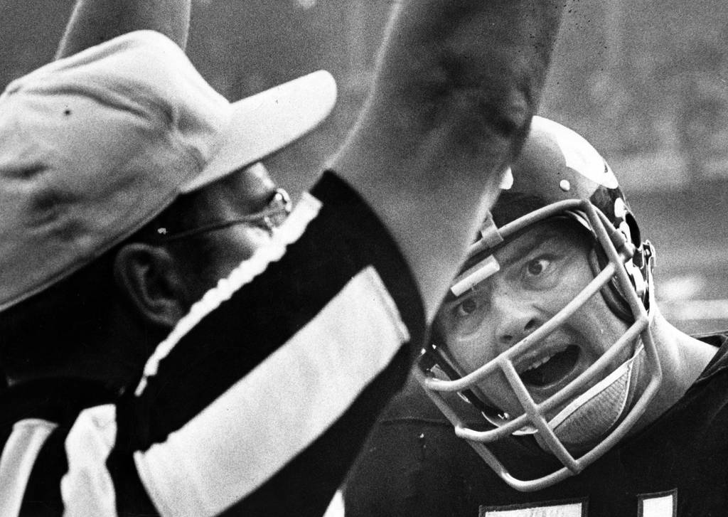 Chicago Bears linebacker Dick Butku turns to oratory when all else fails, but it doesn't work.  The Detroit Lions defeated the Chicago Bears 16-10 at Wrigley Field on October 25, 1970. 