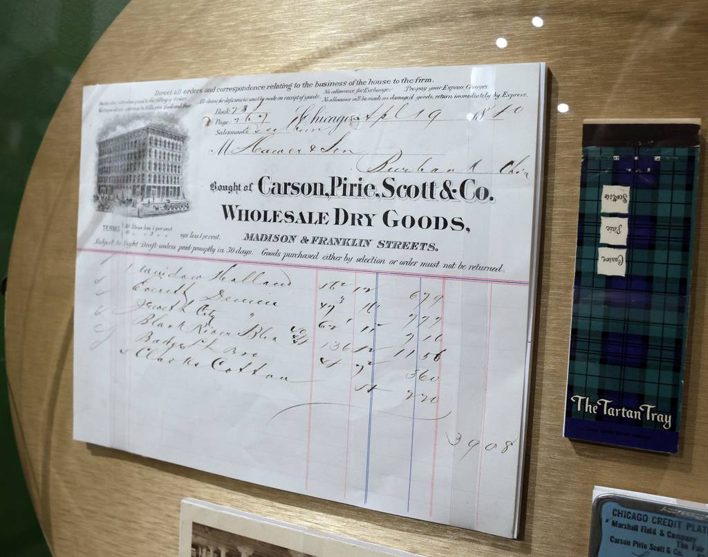 A Carson Pirie Scott & Co.  1880 wholesale bill on display "Lost Chicagoland Stores" Exhibition on October 5, 2023 at the Elmhurst Historical Museum in Elmhurst.