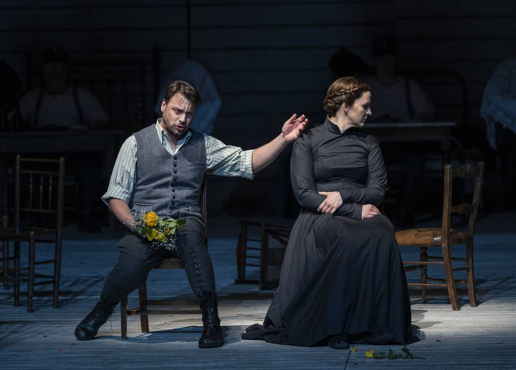 Pavel Cernoch and Lise Davidsen at the opera "Jenufa" by Chicago Lyric Opera. 