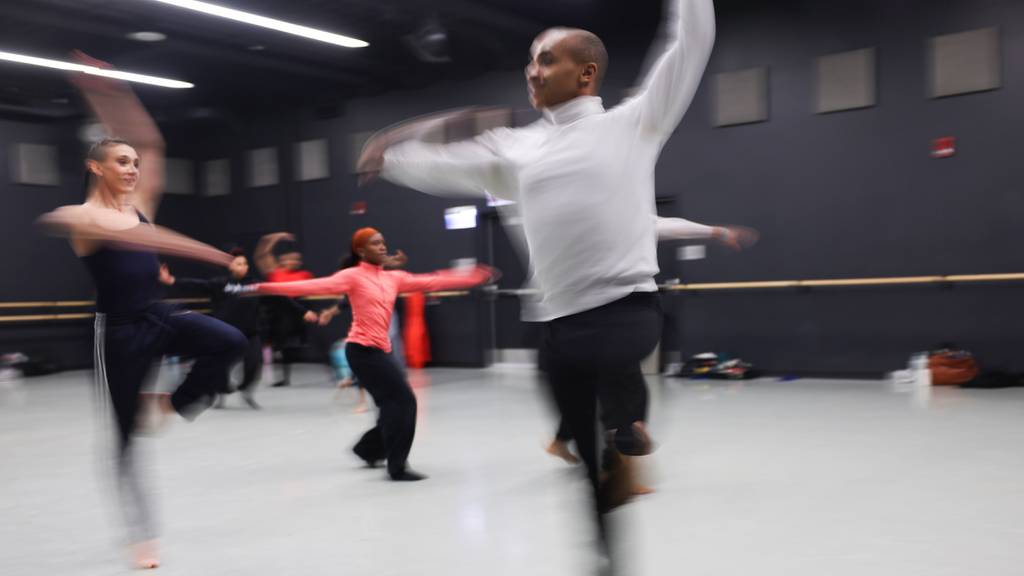 Rebekah Kuczat (left) dances with Mekeba Malik during rehearsals for their Deeply Rooted Dance Theater performance on October 13, 2023.