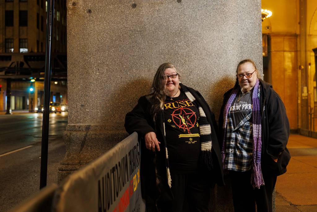 Barbara (left) and sister Jane Greer before joining Rush lead singer Geddy Lee's book tour on December 3, 2023 in Chicago.