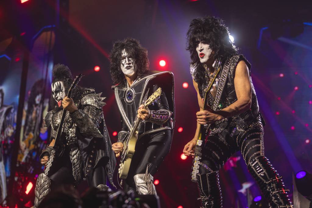 KISS's Paul Stanley (right), Tommy Thayer (center) and Gene Simmons (left) perform during the End of the Road Tour at the Allstate Arena in Rosemont on November 27, 2023.  