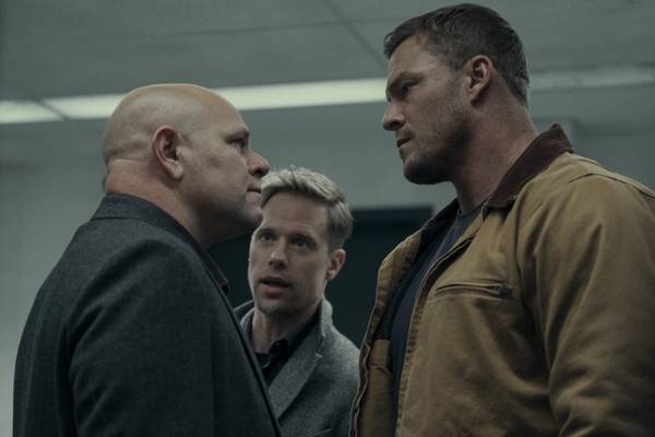 From left to right: Domenick Lombardozzi, Shaun Sipos and Alan Ritchson in Season 2 of “Reacher.” 
