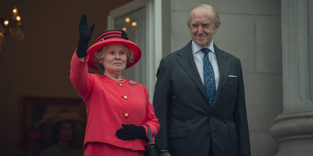 From left to right: Queen Elizabeth II.  Imelda Staunton as Elizabeth and Jonathan Pryce as Prince Philip in Season 6 "Crown." 
