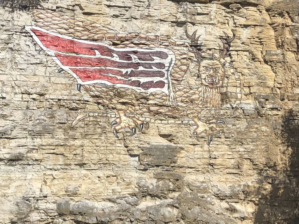 A chart of Piasa, meaning: "Bird of Evil Spirit" It occupies a bluff along the Mississippi River in Alton, near the site where ancient petroglyphs depicting a similar creature were quarried in the 1840s, according to author John W. Allen.  first mentioned "river monster" It appeared in a diary written by explorer Jacques Marquette in 1673. 