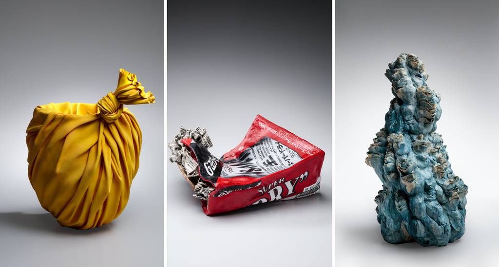 "Bag Study" Tanaka Yu (2018), "Untitled (Crushed Asahi Beer Can)" Mishima Kimiyo (2007) and "council" Written by: Yamaguchi Mio (2020).  From the Carol & Jeffrey Horvitz Collection of Contemporary Japanese Ceramics and part of the exhibition "Radical Clay: Contemporary Women Artists from Japan" at the Art Institute of Chicago.