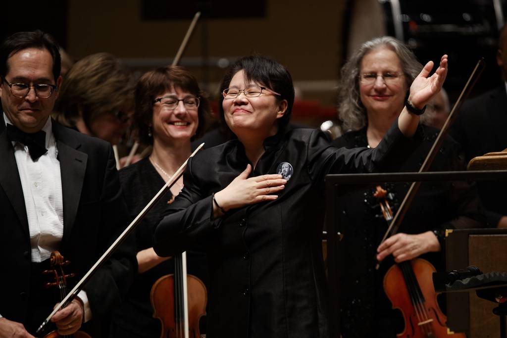 Conductor Mei-Ann Chen bows after performing with members of the Chicago Sinfonietta during the MLK Tribute Concert at Symphony Center in Chicago on January 20, 2020.  Chicago Sinfonietta is a 2024 NEA grant recipient. 