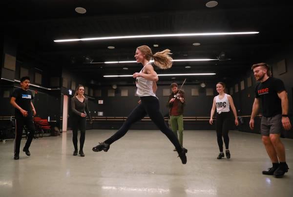 Chelsea Hoy, associate artistic director and dancer with Trinity Irish Dance Company, at a rehearsal at Roosevelt University in Chicago in 2022. 