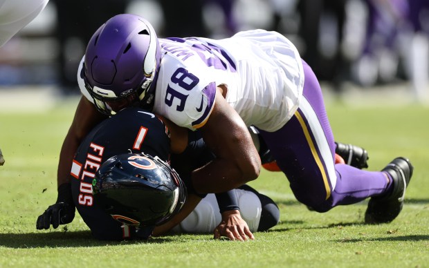 Minnesota Vikings linebacker DJ Wonnum (98) sacks Chicago Bears quarterback Justin Fields (1) in the first quarter during a game at Soldier Field in Chicago on October 15, 2023.  (Chris Sweda/Chicago Tribune)
