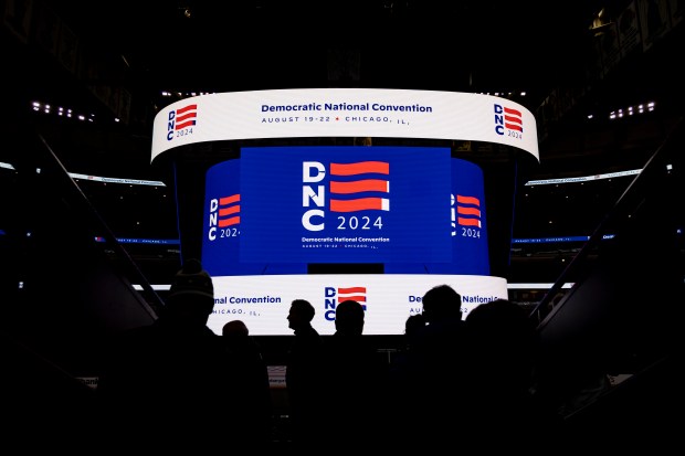 The logo is displayed during the Democratic National Convention media launch at the United Center on January 18, 2024.  (Brian Cassella/Chicago Tribune)