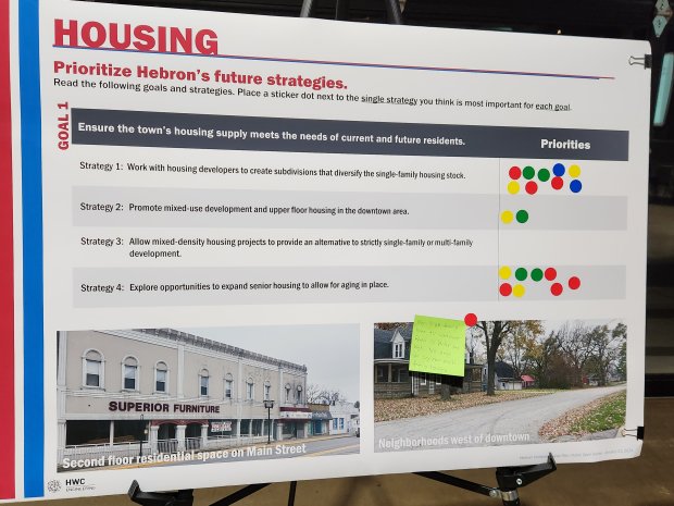The information board, on display at The Design Barn on January 31, 2024, aims to inform residents about housing issues in the city and collect their feedback.  Some residents clarified the issue with sticky notes.