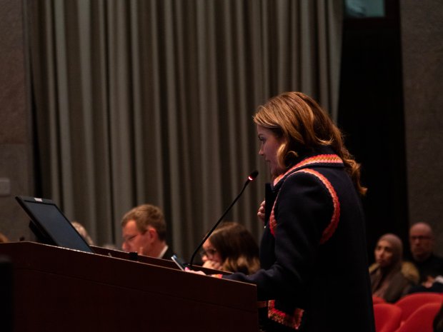 Shannon Adcock, founder of the Naperville-based conservative group Awake Illinois, speaks at the Naperville City Council meeting on Tuesday, Feb. 6, 2024.