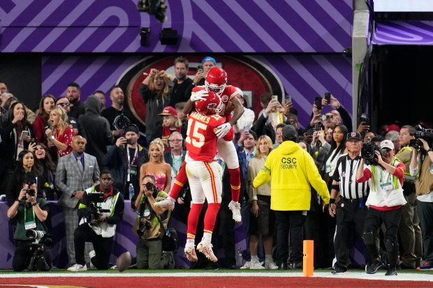 Kansas City Chiefs wide receiver Mecole Hardman Jr. celebrates his game-winning field goal in overtime with quarterback Patrick Mahomes during the NFL Super Bowl 58 football game against the San Francisco 49ers on February 11, 2024 in Las Vegas.  Chiefs won the match 25-22.  (Abbie Parr/AP)