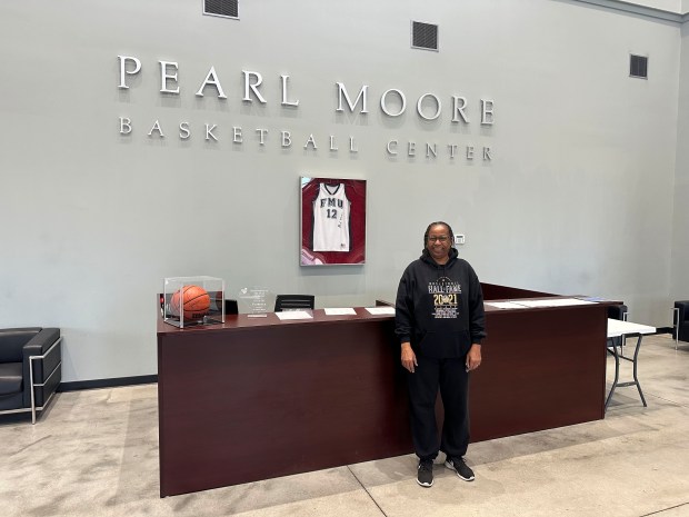 Pearl Moore poses at the Pearl Moore Basketball Center on Monday, February 5, 2024 in Florence, SC.  Long before Caitlin Clark hit her first long-range 3-pointer or signed her first autograph, Hall of Famer Pearl Moore had already set the standard for scoring.  for women's basketball.  Moore, 66, remembers well how few people paid attention to women's soccer when she played for Francis Marion in the late 1970s and became the most prolific female striker in history.  (AP Photo/Pete Iacobelli)