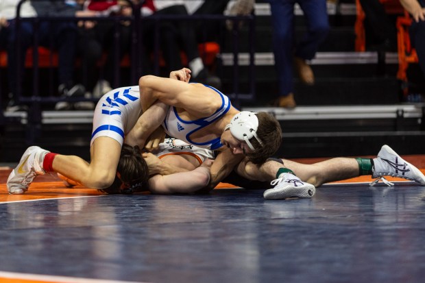 Marmion's Nicholas Garcia beats St. Louis in the 113-pound match at the class 3 Astate wrestling championships on Saturday, Feb. 17, 2024, at the University of Illinois State Farm Center in Champaign.  He defeated Charles East's Dom Munaretto.  (Vincent D. Johnson / Daily Southtown) ).