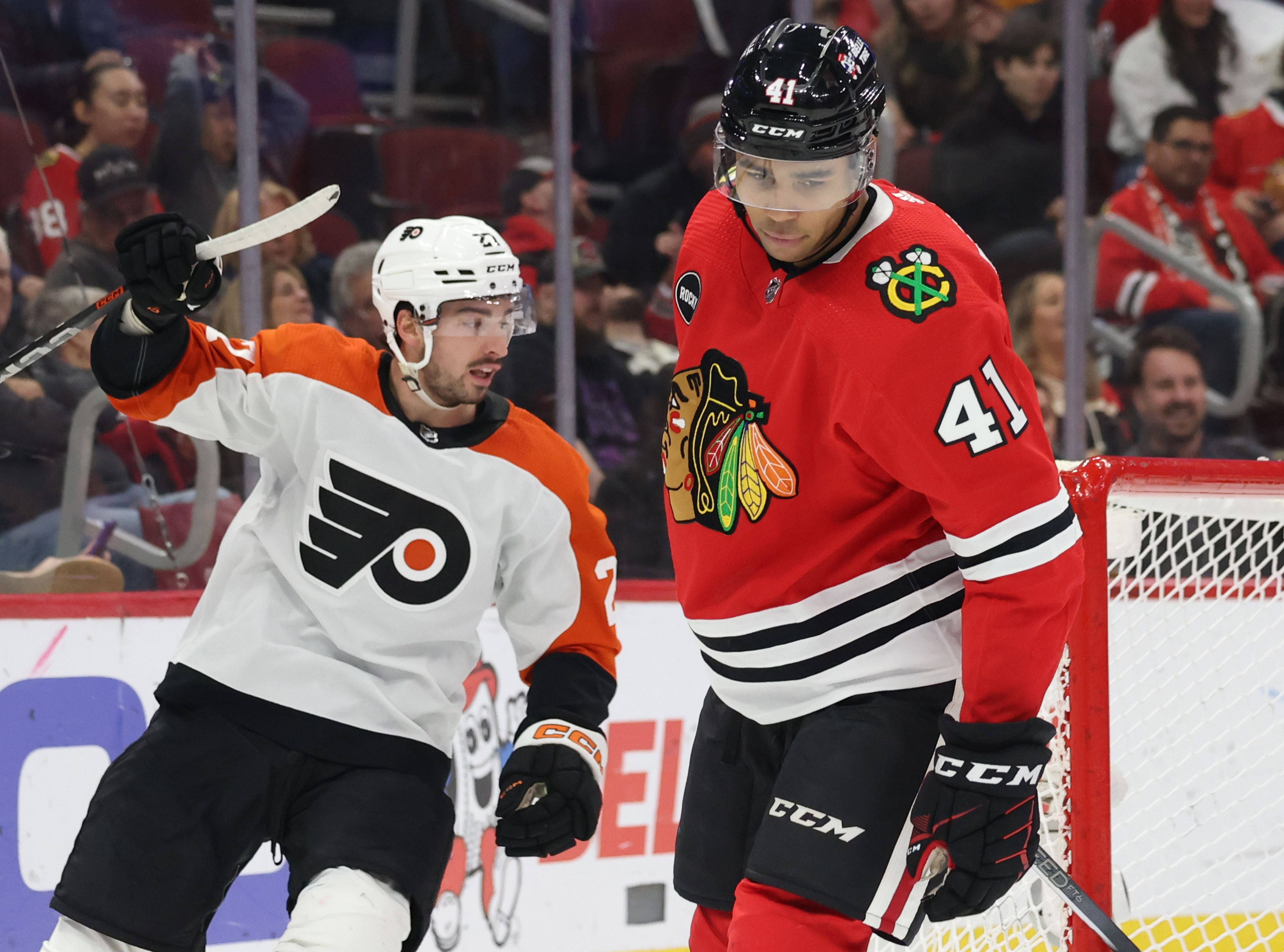 Blackhawks defenseman Isaak Phillips (41) walks away from the goal after a Flyers' goal in the second period at the United Center on February 21, 2024 in Chicago.  (John J. Kim/Chicago Tribune)