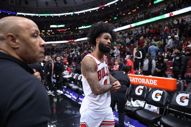 Bulls guard Coby White leaves the court after a loss to the Celtics at the United Center on February 22, 2024. 