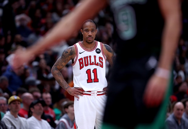 Bulls forward DeMar DeRozan (11) stands on the court after a technical foul was called against the Celtics at the United Center on February 22, 2024. 