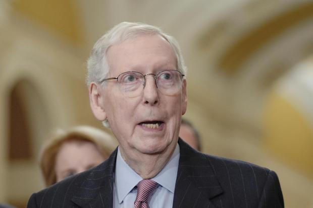 Senate Minority Leader Mitch McConnell, R-Ky., speaks after a policy luncheon on Capitol Hill on February 27, 2024 in Washington.  (AP Photo/Mariam Zuhaib)