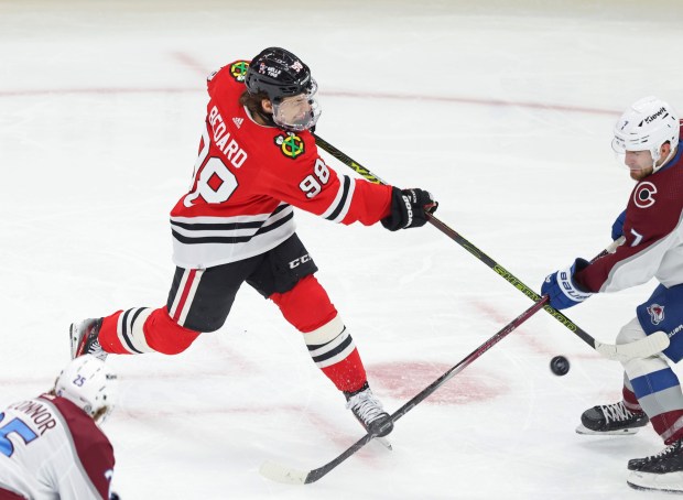 Blackhawks center Connor Bedard takes a slapshot during the second period against the Avalanche at the United Center on Feb. 29, 2024.  (John J. Kim/Chicago Tribune)