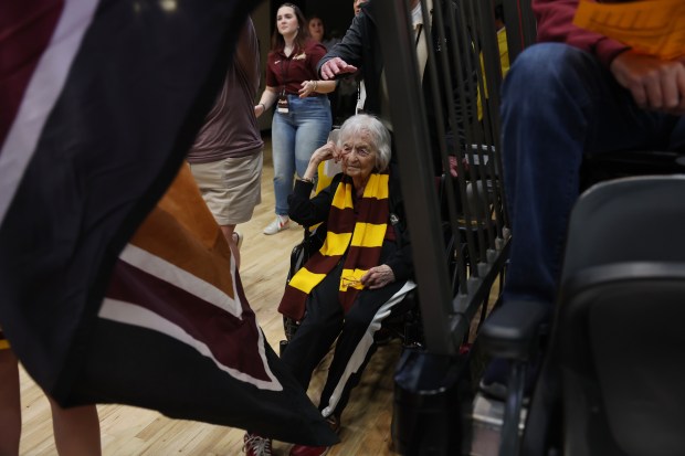 Sister Jean Dolores Schmidt awaits the game between Loyola and Dayton at Gentile Arena on March 1, 2024.  (John J. Kim/Chicago Tribune)
