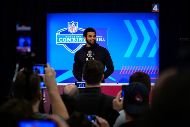 USC quarterback Caleb Williams speaks at a press conference at the NFL scouting group on March 1, 2024 in Indianapolis.  (Michael Conroy/AP)
