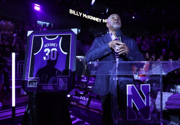 Former Northwestern player Billy McKinney speaks during the halftime ceremony to retire his No. 30 receiver on March 2, 2024, at Welsh-Ryan Arena in Evanston.  (Chris Sweda/Chicago Tribune)