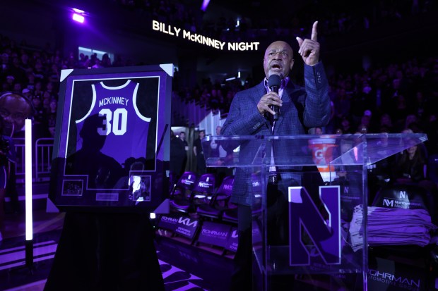 Former Northwestern player Billy McKinney speaks during the halftime ceremony to retire his No. 30 receiver on March 2, 2024, at Welsh-Ryan Arena in Evanston.  Iowa defeated Northwestern 87-80.  (Chris Sweda/Chicago Tribune)