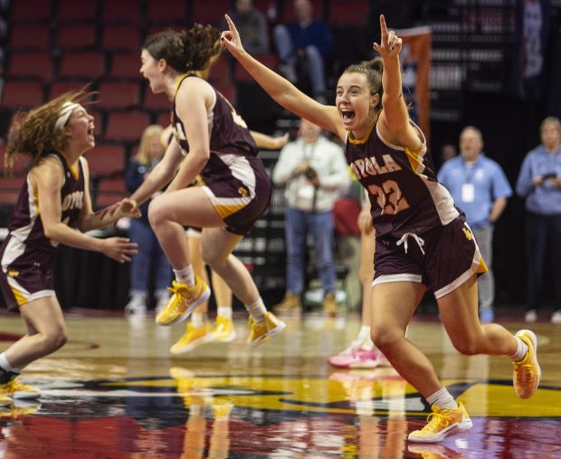 Loyola's Kelsey Langston (22) runs screaming toward the bench as the Ramblers win the Class 4A state championship game against Nazareth and finish the season 38-0 at CEFCU Arena in Normal on Friday, March 1, 2024.  (Vincent D. Johnson) / Pioneer Press)