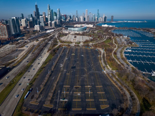 Soldier Field and the parklands to the south, shown on December 5, 2023, are possible locations for the new Bears stadium.  (E. Jason Wambsgans/Chicago Tribune)