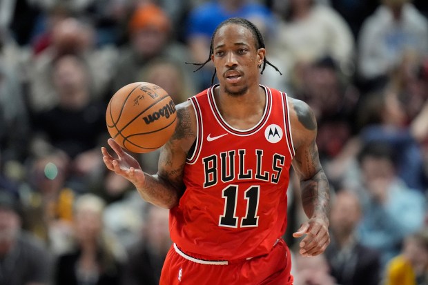 Chicago Bulls forward DeMar DeRozan (11) brings the ball up the court during the second half of an NBA basketball game against the Utah Jazz on Wednesday, March 6, 2024, in Salt Lake City.  (AP Photo/Rick Bowmer)