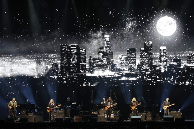 Eagles performing "One of These Nights" March 8, 2024 at the United Center in Chicago.  (John J. Kim/Chicago Tribune)