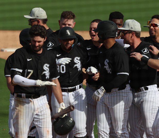 White Sox catcher Edgar Quero is congratulated by teammates after driving in the home run in the bottom of the ninth against the Mariners on Feb. 24, 2024, in Glendale, Ariz. (Stacey Wescott/Chicago Tribune)
