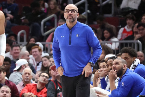 Mavericks head coach Jason Kidd watches a second-half game against the Bulls at the United Center in Chicago on March 11, 2024.  (Terrence Antonio James/Chicago Tribune)