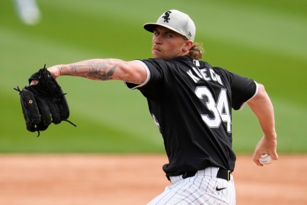White Sox pitcher Michael Kopech pitches against the Dodgers on Wednesday, March 6, 2024, in Glendale, Ariz. (AP Photo/Ashley Landis)