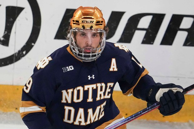 Notre Dame forward Landon Slaggert during a game on Oct. 7, 2022, in Denver.  The Blackhawks signed Slaggert to a two-year contract on Sunday, March 10, 2024.  (AP Photo/Bart Young)