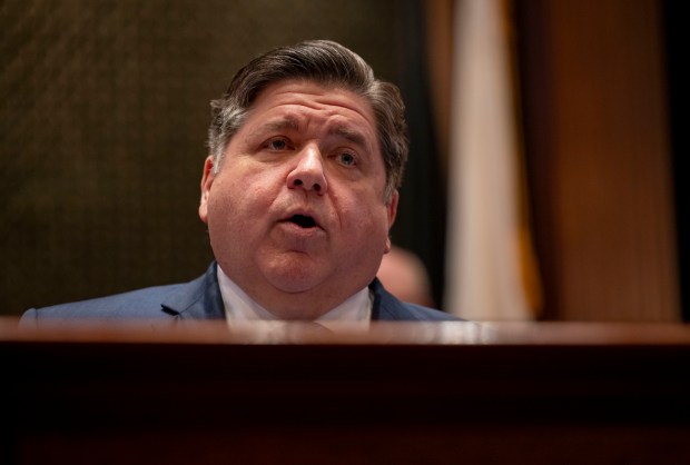 Governor JB Pritzker delivers his State of the State and budget address before the General Assembly at the Illinois Capitol on February 21, 2024.  (Brian Cassella/Chicago Tribune)