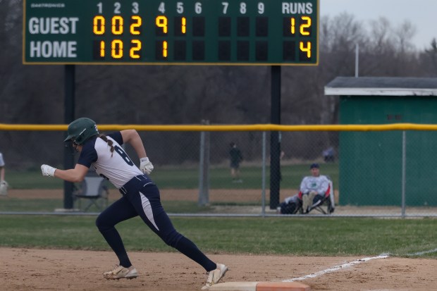 Bartlett's Christina Stankus (8) runs to second base in the fifth inning of the game against Waubonsie Valley on Wednesday, March 13, 2024 in Aurora.  (For Troy Stolt/Aurora Beacon News)