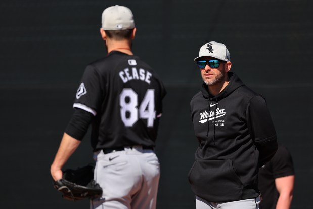 White Sox pitching coach Ethan Katz watches Dylan Cease throw a bullpen session during a spring training practice on Feb. 21, 2024, at Camelback Farm in Glendale, Ariz.  (Michael Reaves/Getty Images)