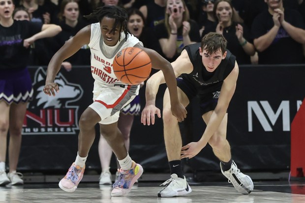 Aurora Christian's Marshawn Cocroft (3) chases after a loose ball during the Class 1A NIU Supersectional game against Pecatonica at the NIU Convention Center in DeKalb on Monday, March 4, 2024.  (For Troy Stolt/Aurora Beacon News)